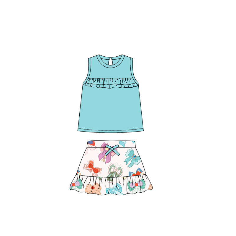 Preorder Baby Girl Sleeveless Green Ruffle Shirts Princess Bows Skirt Set ( Moq 5 )