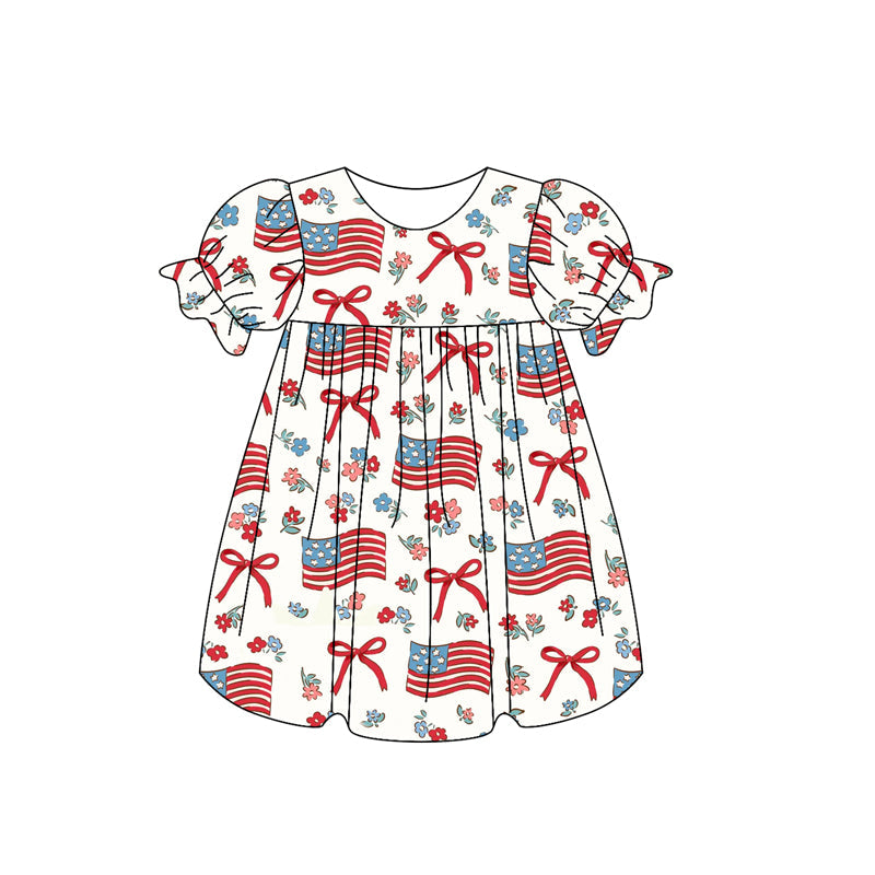 Preorder Baby Girl July 4th Flags Bows Flower Knee Length Dress ( Moq 5 )