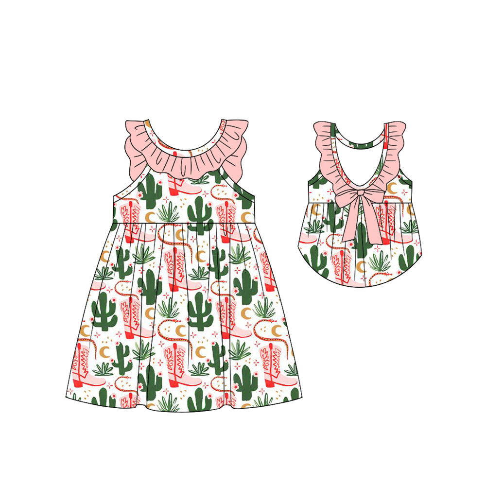 Preorder Baby Girl Western Cactus Boots Ruffle Knee Length Dress ( Moq 5 )
