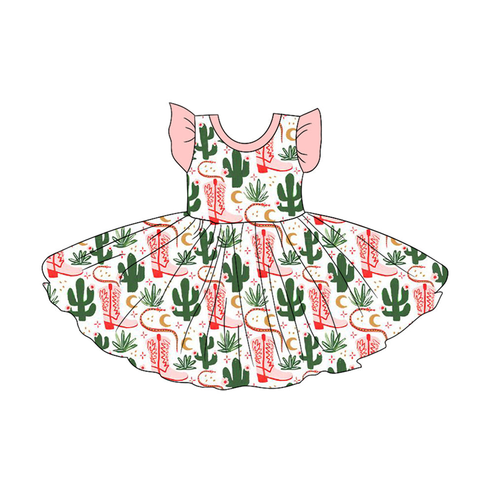 Preorder Baby Girl Short Sleeves Western Cactus Boots Knee Length Dress ( Moq 5 )