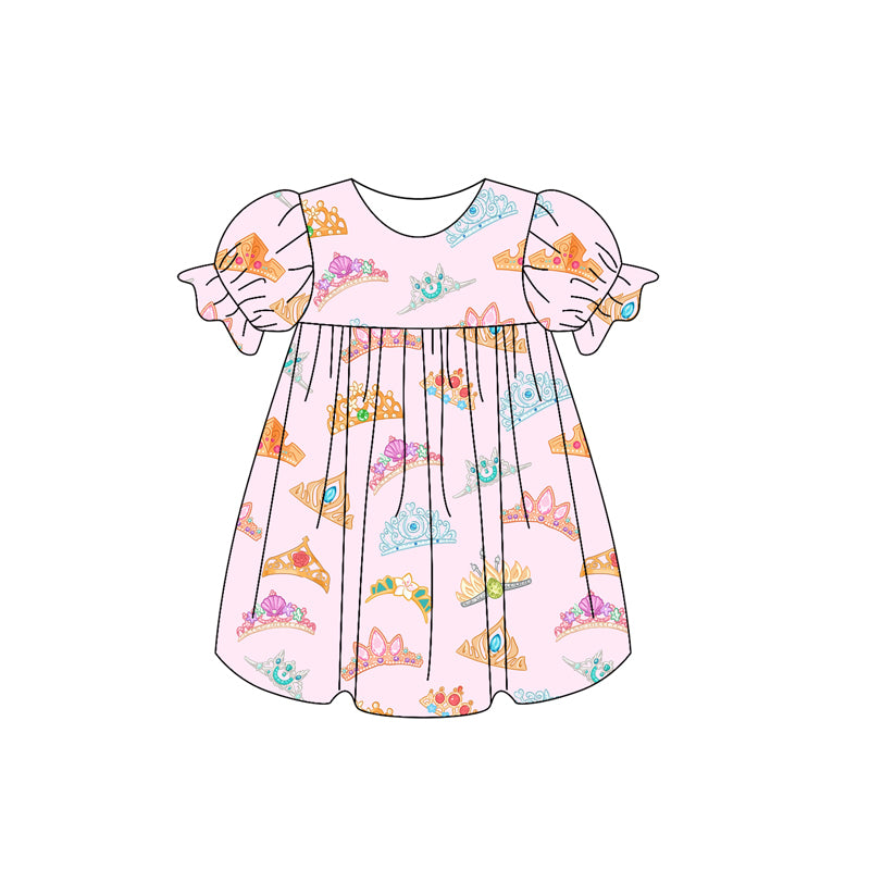 Preorder Baby Girl Short Sleeves Crowns Pink Knee Length Dress ( Moq 5 )