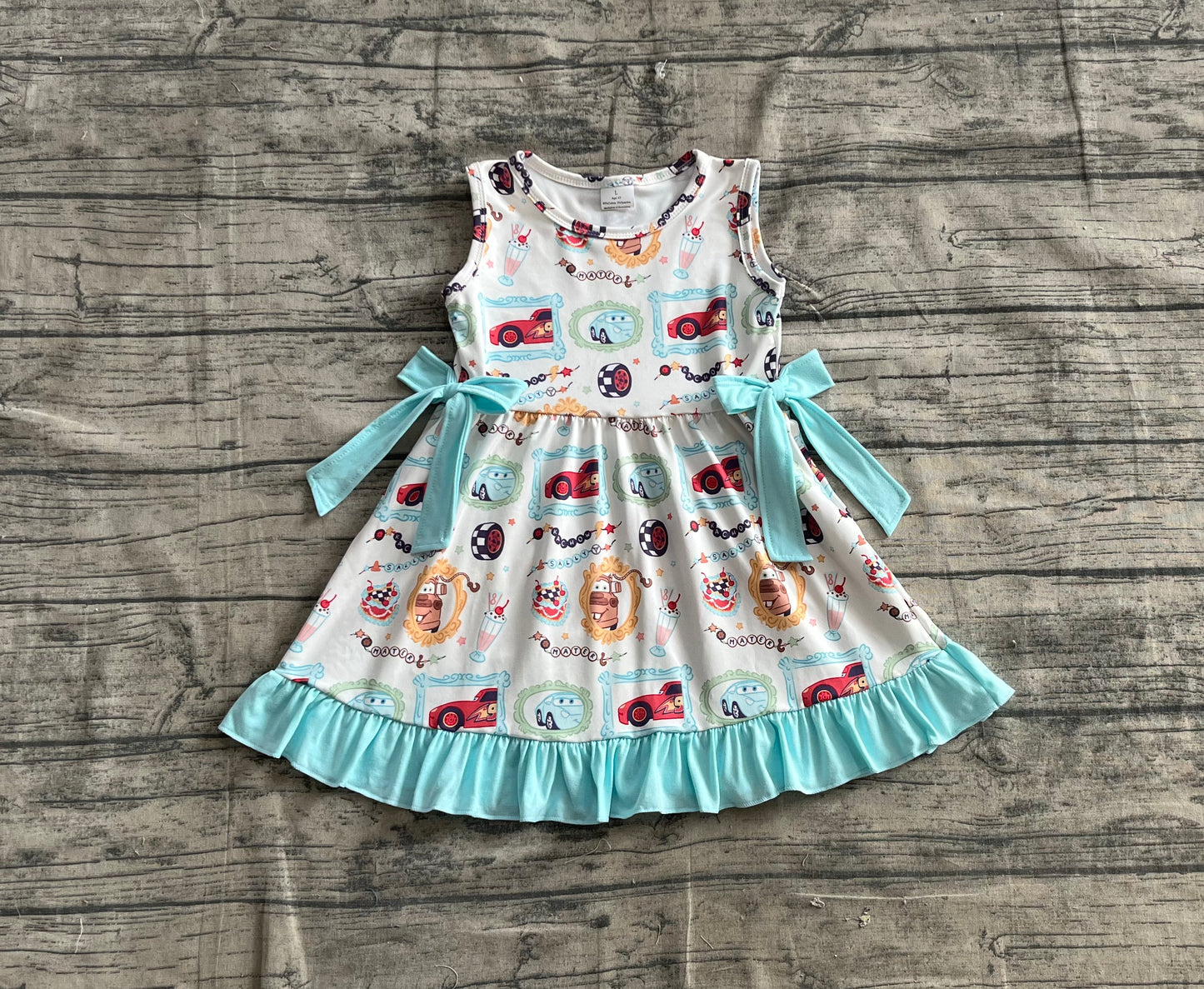 Baby Girl Cartoon Car Cakes Bows Knee Length Dress RTS