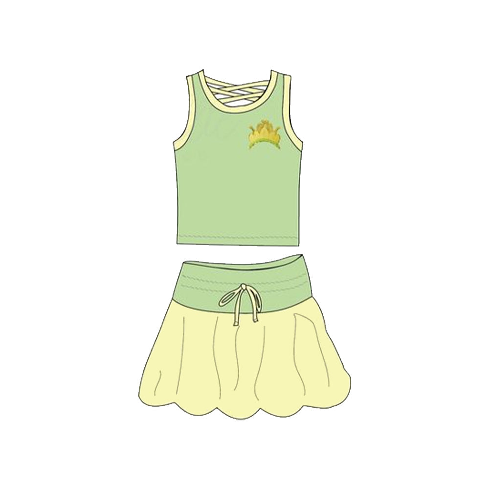 Preorder Baby Girl Sleeveless Green Princess Shirt Skirt Clothes Set ( Moq 5 )