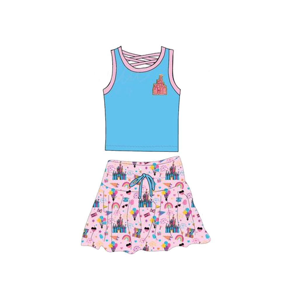 Preorder Baby Girl Blue Shirt Castle Cartoon Skirt Clothes Set ( Moq 5 )