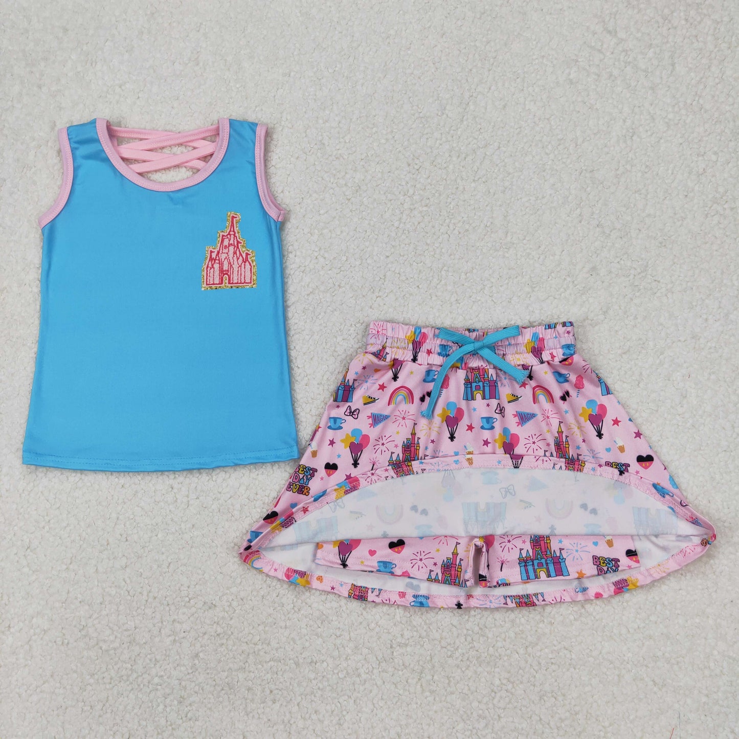 1-7 Colors Baby Girl Sleeveless Princess Shirt Skorts Sibling Outfit RTS