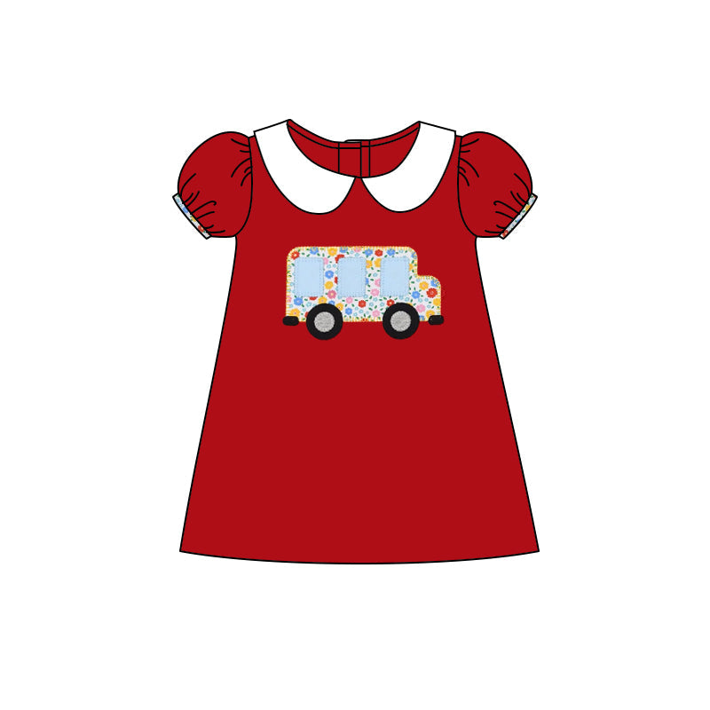 Preorder Baby Girl Back To School Flower Bus Red Dress ( Moq 5 )