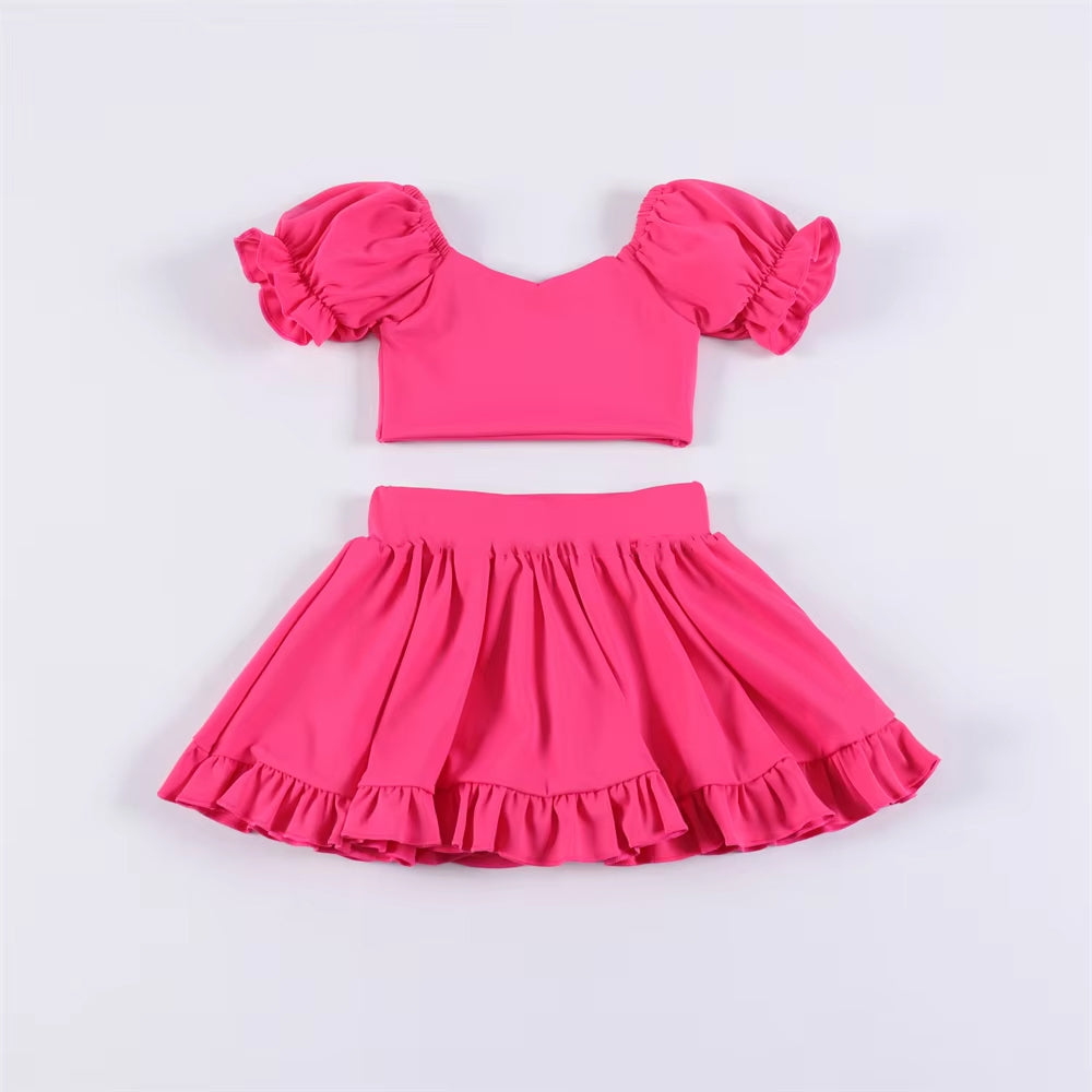 Preorder Baby Girl Hot Pink Shirt Tops Skirt Yoga Active Wear Clothes Set ( Moq 5 )