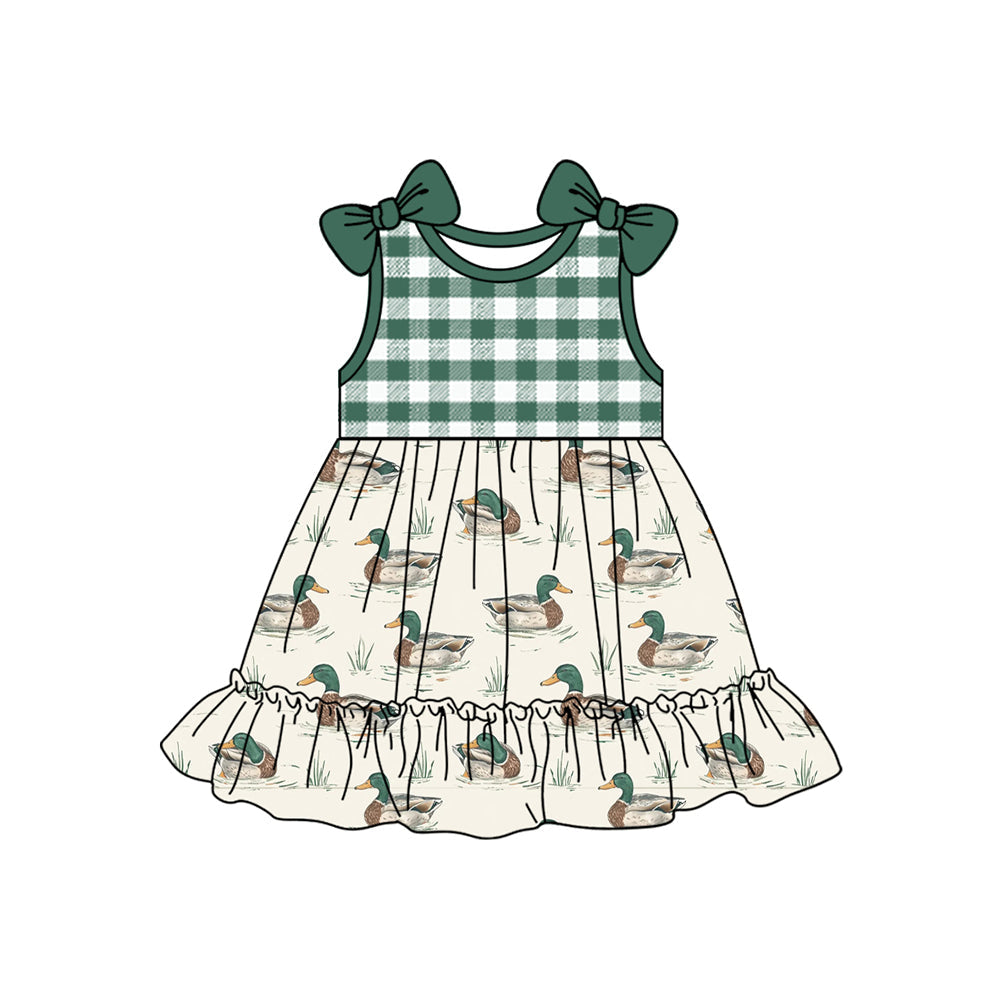 Preorder Baby Girl Green Checkered Ducks Bows Knee Length Dress ( Moq 5 )