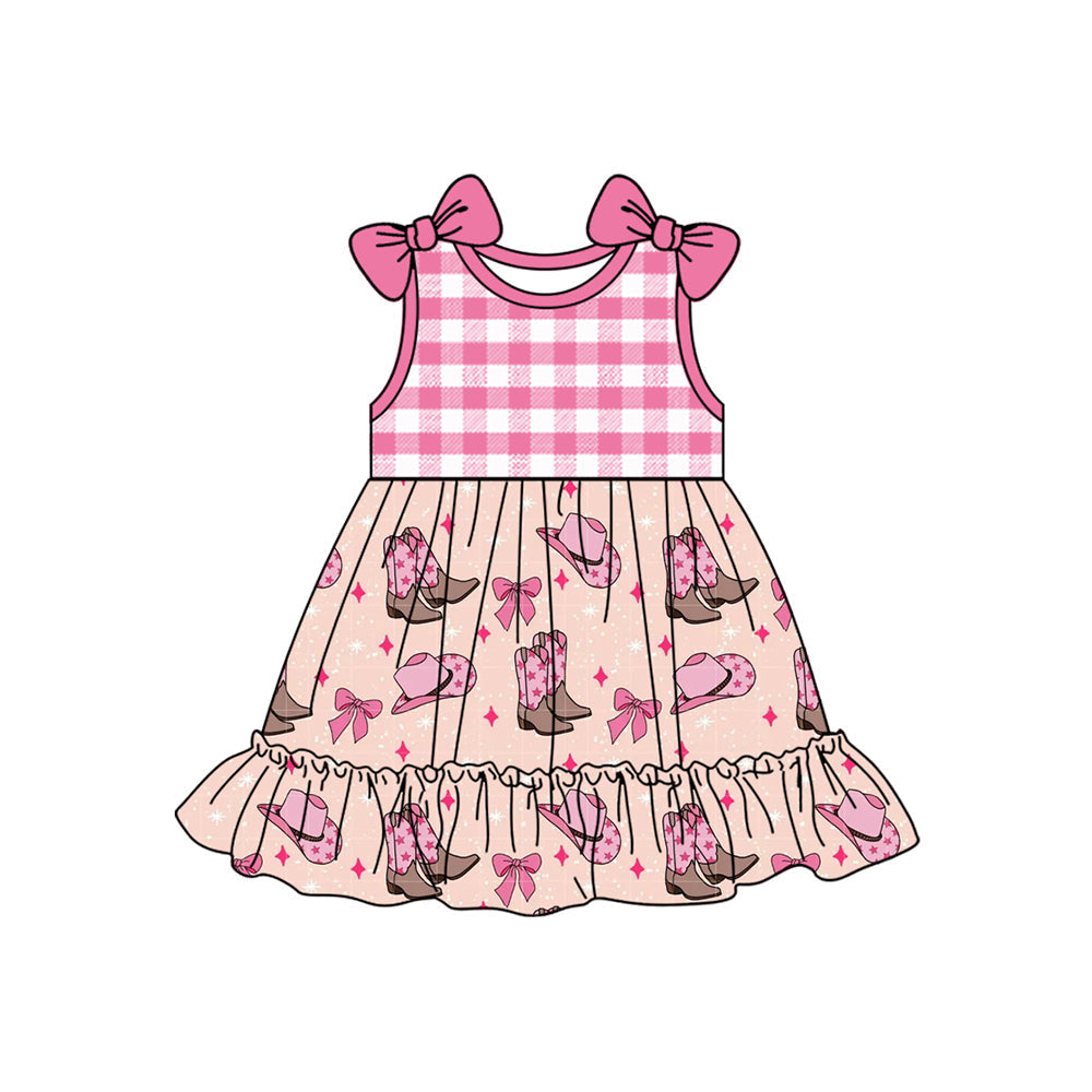 Preorder Baby Girl Pink Checkered Western Boots Bows Knee Length Dress ( Moq 5 )