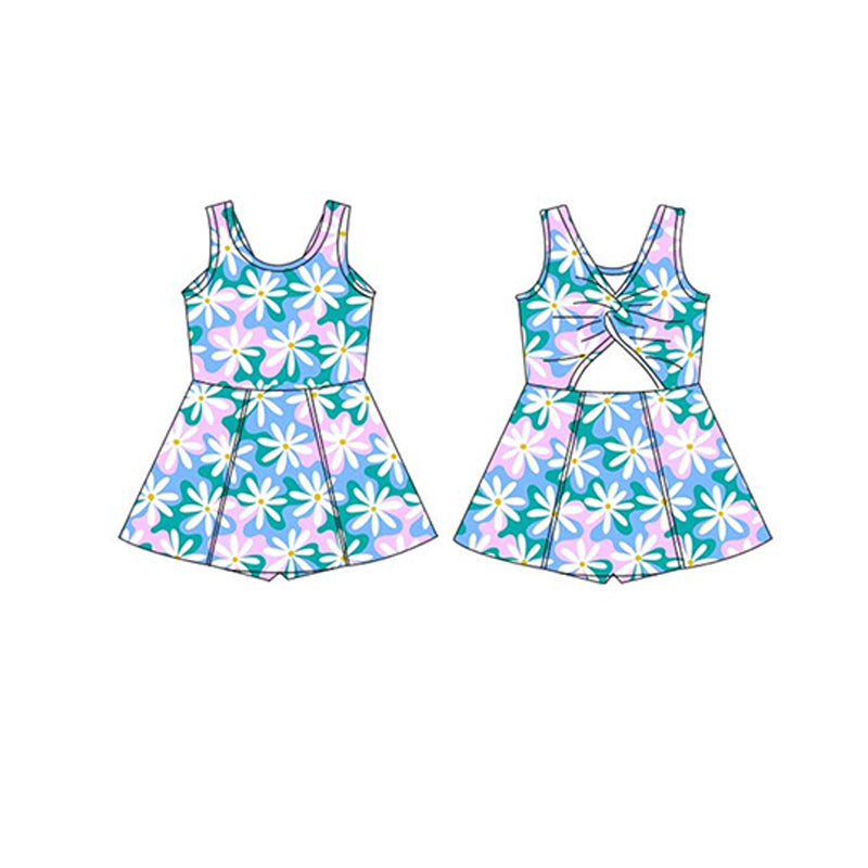 Preorder Baby Girl Sleeveless Flower Bows Shirt Pockets Shorts Blue Set ( Moq 5 )