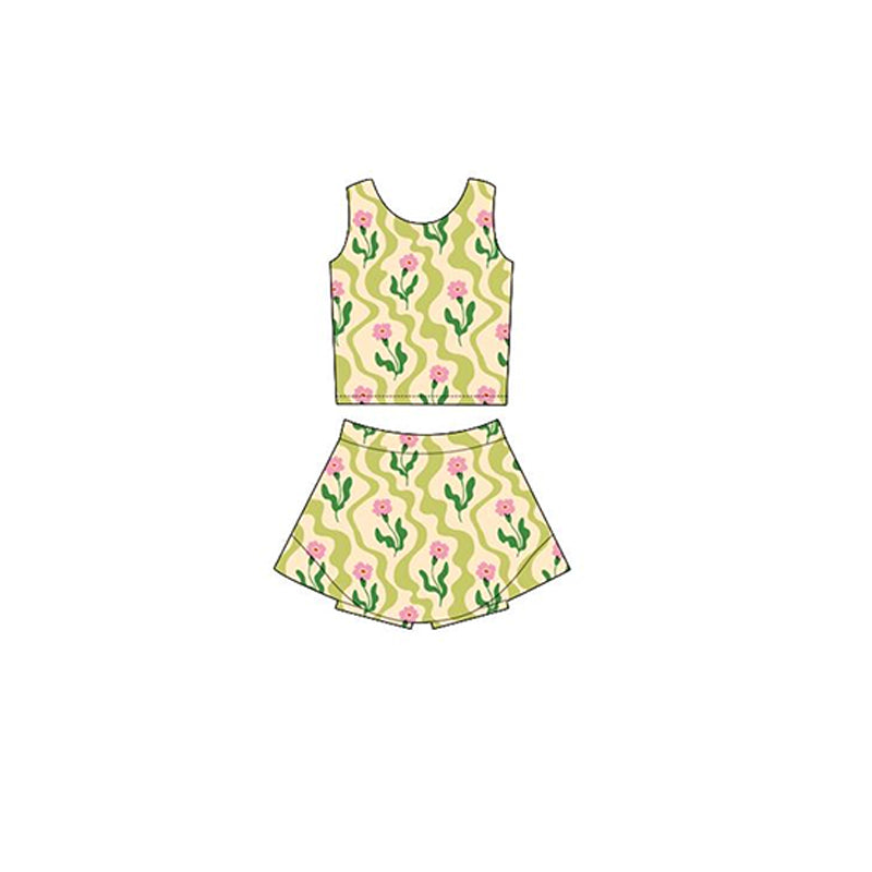Preorder Baby Girl Sleeveless Flower Tops Shorts Skirt Skort Yoga Active Wear Set ( Moq 5 )