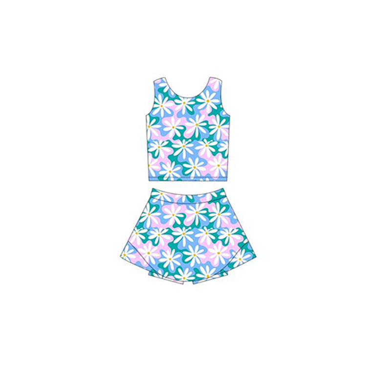 Preorder Baby Girl Sleeveless Flower Tops Shorts Skirt Skort Yoga Active Wear Set  ( Moq 5 )