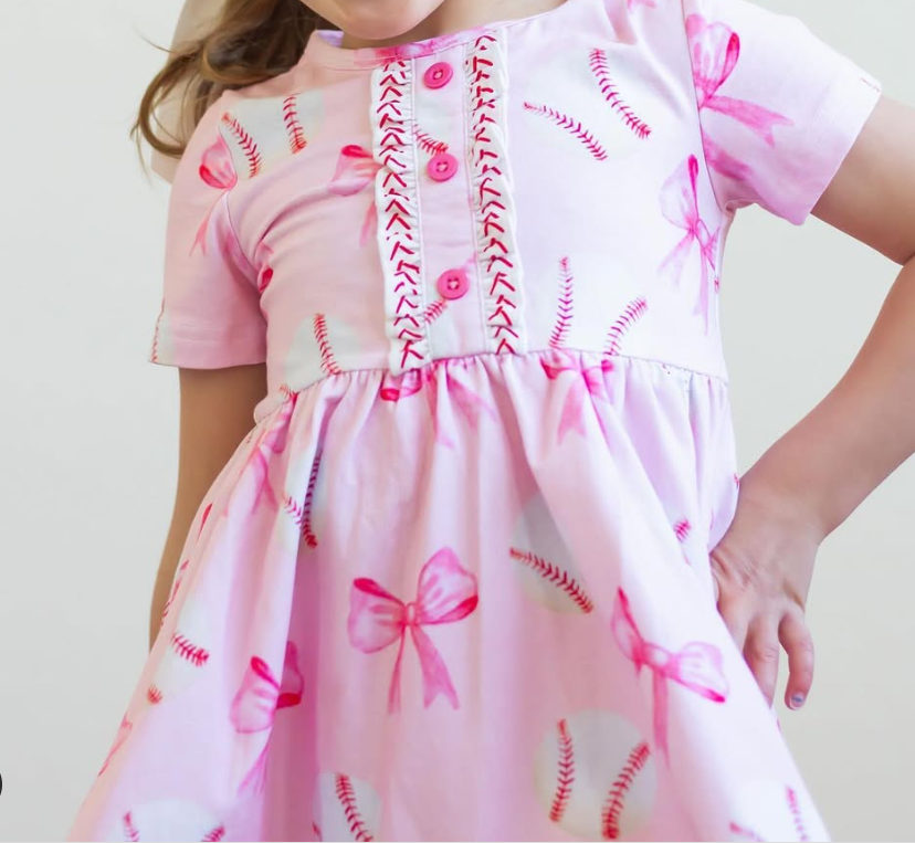 Preorder Baby Girl Short Sleeves Pink Baseball Bows Knee Length Dress ( Moq 5 )