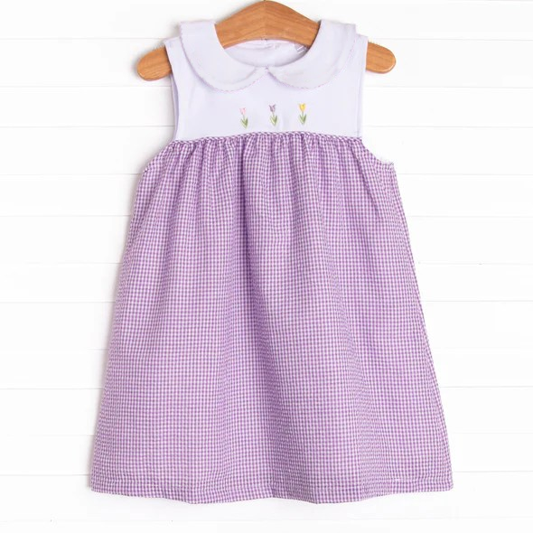 Preorder Baby Girl Sleeveless Flower Purple Checked Knee Length Dress ( Moq 5 )