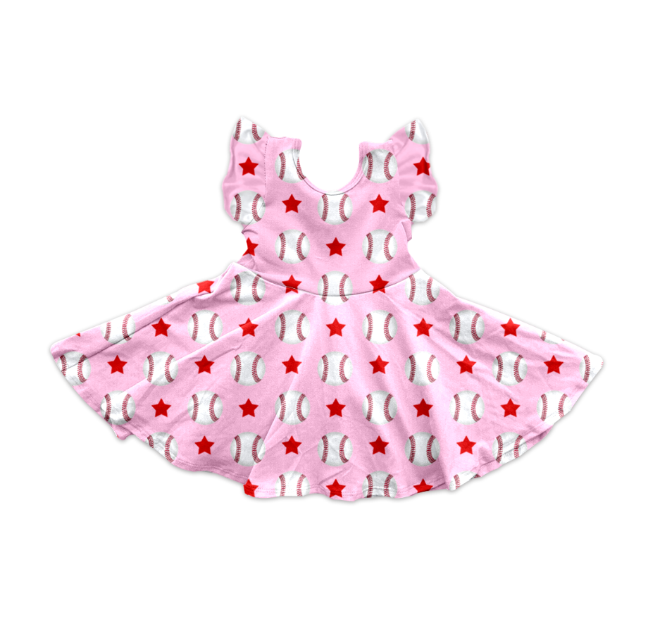 Preorder Baby Girl Short Sleeves Baseball Stars Pink Knee Length Twirl Dress ( Moq 5 )
