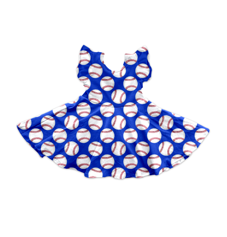 Preorder Baby Girl Short Sleeves Baseball Blue Knee Length Twirl Dress ( Moq 5 )