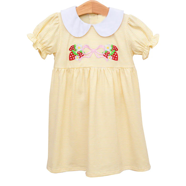 Preorder Baby Girl Short Sleeves Stripes Strawberry Bow Knee Length Dress ( Moq 5 )