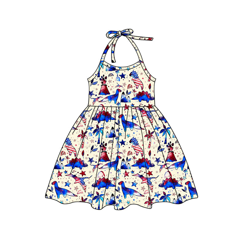 Preorder Baby Girl July 4th Dinosaurs Halter Knee Length Dress ( Moq 5 )