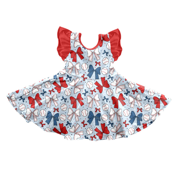 Preorder Baby Girl Short Sleeves Baseball Bows Twirl Dress ( Moq 5 )