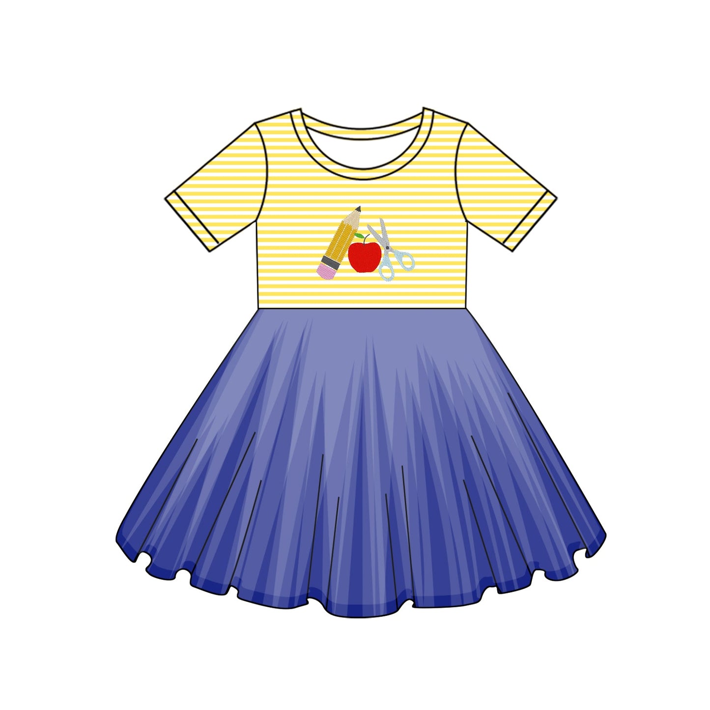 Preorder Baby Girl Back To School Pencil Apple Knee Length Blue Tulle Dress ( Moq 5 )