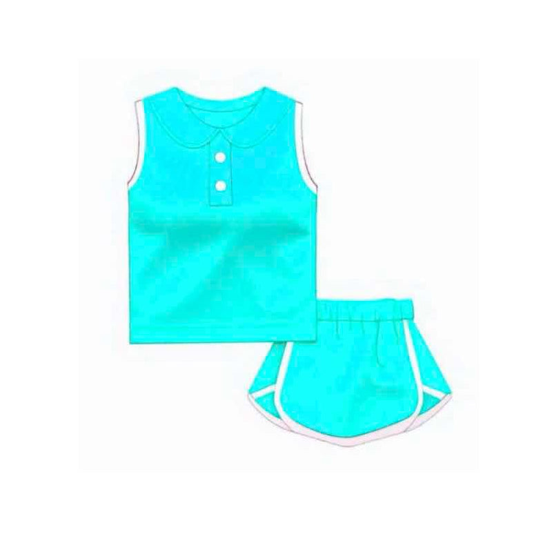 Preorder Baby Girl Blue Sleeveless Vest Shirt Shorts Cotton Clothes Sports Set ( Moq 5 )