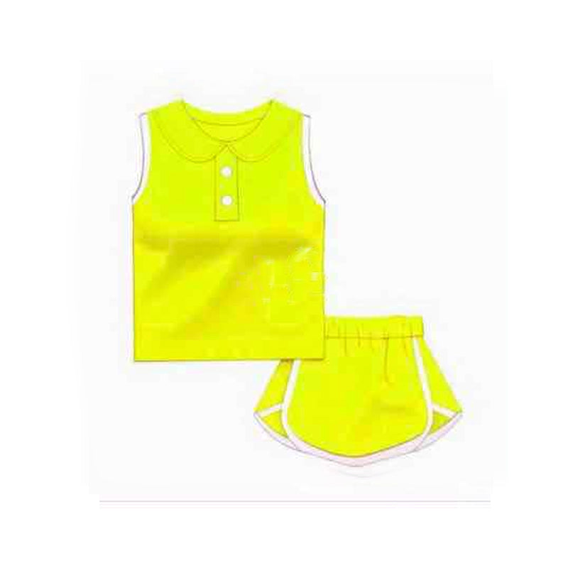 Preorder Baby Girl Yellow Sleeveless Vest Shirt Shorts Cotton Clothes Sports Set ( Moq 5 )
