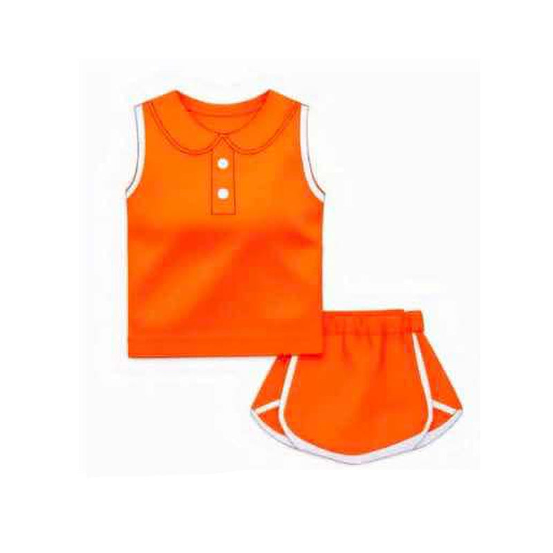 Preorder Baby Girl Orange Sleeveless Vest Shirt Shorts Cotton Clothes Sports Set ( Moq 5 )
