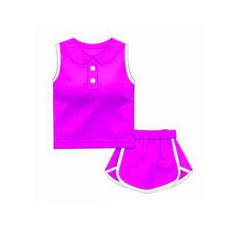 Preorder Baby Girl Purple Sleeveless Vest Shirt Shorts Cotton Clothes Sports Set ( Moq 5 )