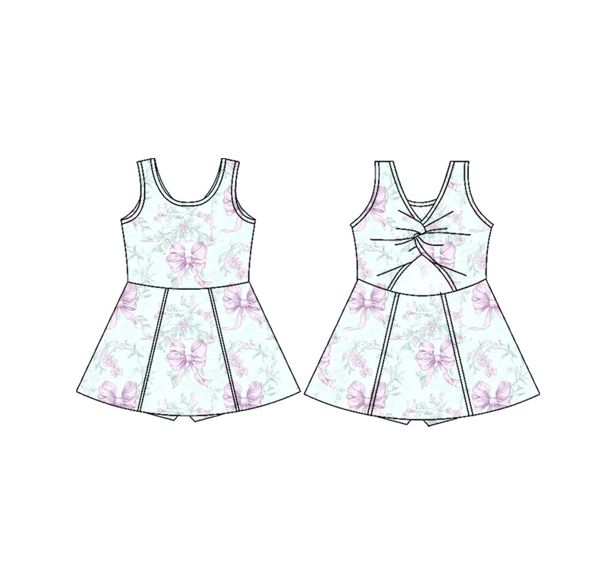 Preorder Baby Girl Sleeveless Purple Bows Flower Yoga Active Wear Skort Knee Length Dress ( Moq 5 )