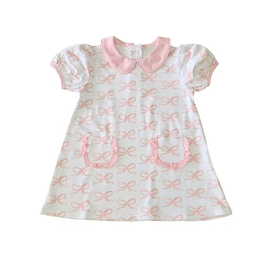 Preorder Baby Girl Short Sleeves Bows Pockets Knee Length Dress ( Moq 5 )