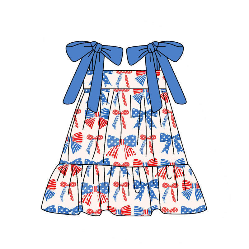Preorder Baby Girl Strap Bows Stars 4th Of July Knee Length Dress ( Moq 5 )