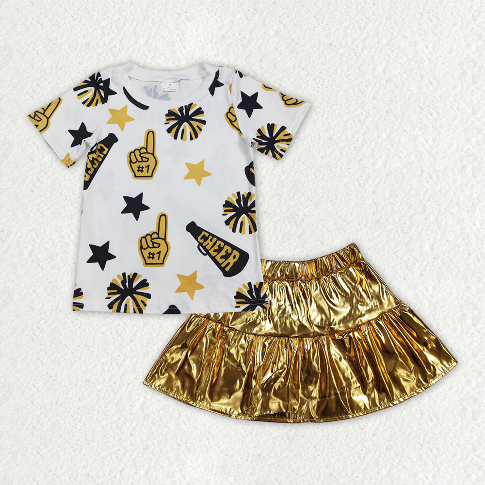 Baby Girl Short Sleeves Cheer Stars Shirt Leather Skirts Sibling Clothes Set RTS