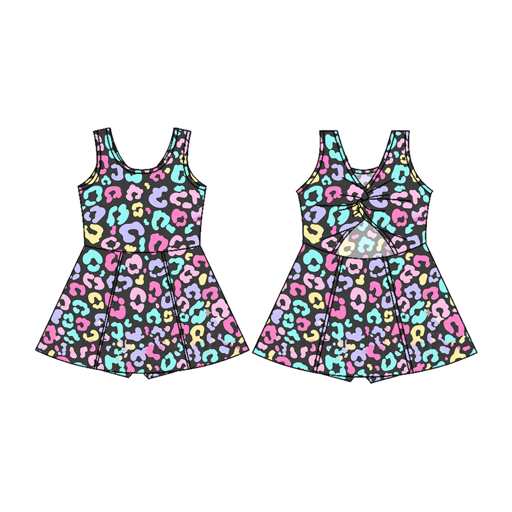 Preorder Baby Girl Sleeveless Colorful Leopard Yoga Active Wear Skort Knee Length Dress ( No moq )