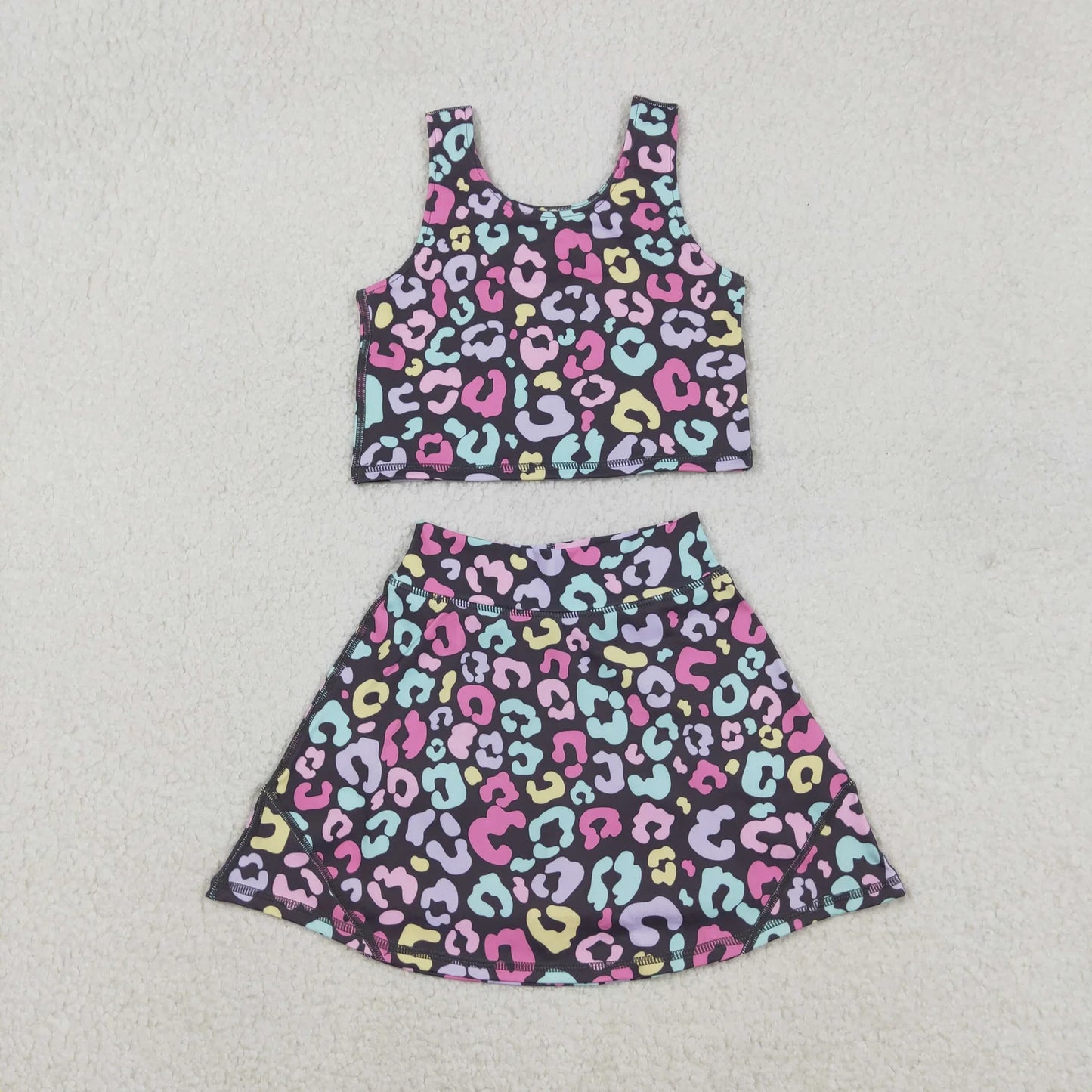 Sibling Baby Girls Kids Sleeveless Leopard Tops Skorts Shorts Yoga Active Sibling Sets RTS