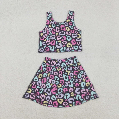 Sibling Baby Girls Kids Sleeveless Leopard Tops Skorts Shorts Yoga Active Sibling Sets RTS