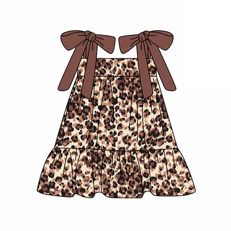 Preorder Baby Girl Straps Brown Bows Leopard Knee Length Dress ( Moq 5 )