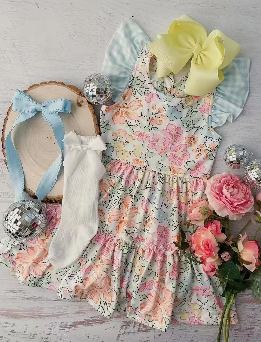Preorder Baby Girl Plaid Short Sleeves Floral Ruffle Knee Length Dress ( Moq 5 )