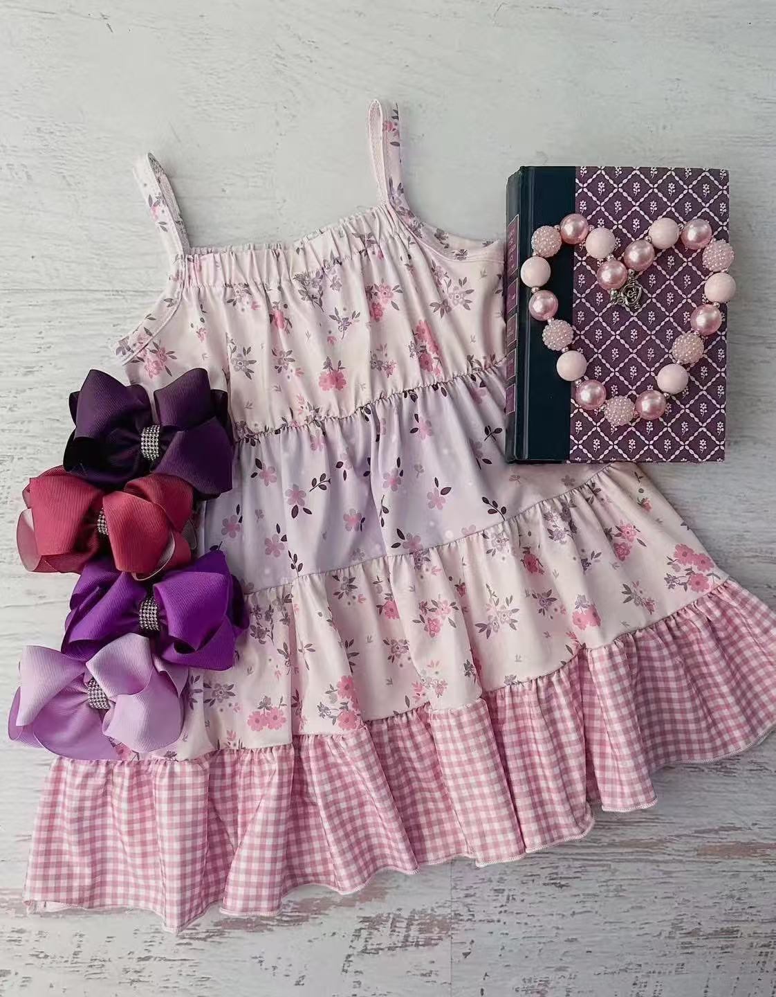 Preorder Baby Girl Straps Floral Checked Ruffle Knee Length Dress ( Moq 5 )