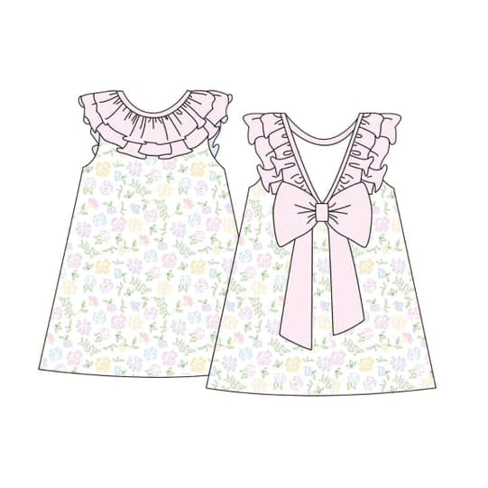Preorder Baby Girl Sleeveless Pink Bow Floral Knee Length Dress ( Moq 5 )
