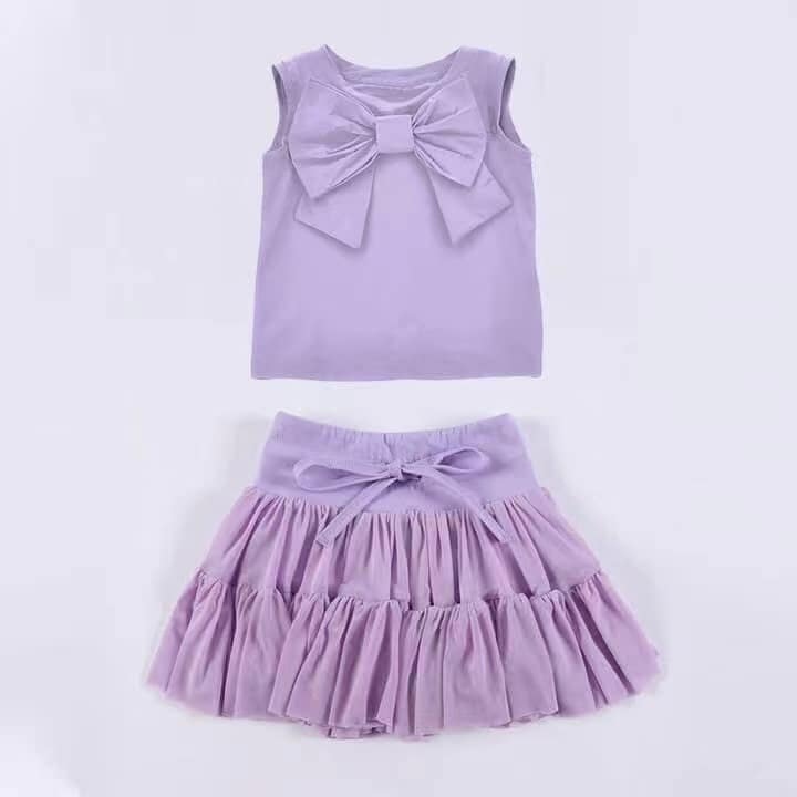 Preorder Baby Girl Sleeveless Bow Vest Shirt Skirt Purple Clothes Set ( Moq 5 )