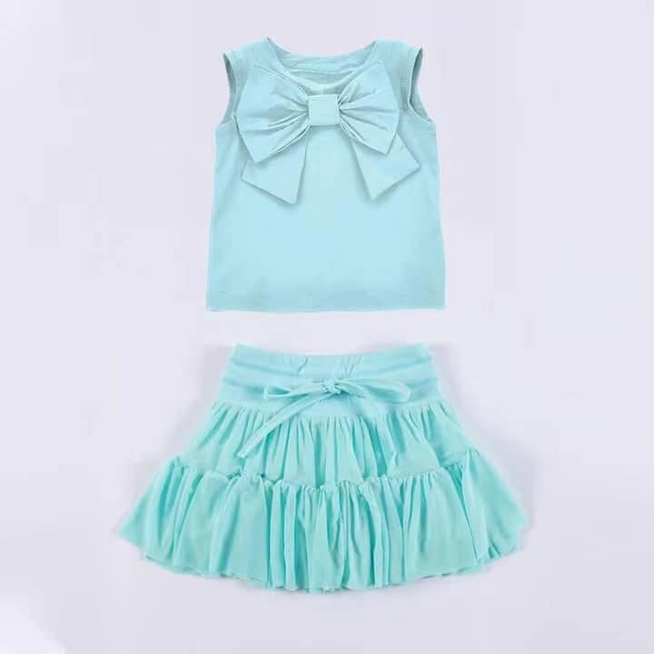 Preorder Baby Girl Sleeveless Bow Vest Shirt Skirt Blue Clothes Set ( Moq 5 )