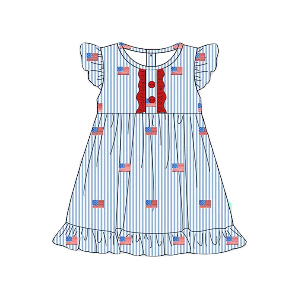 Preorder Baby Girl Short Sleeves Stripes Flags 4th Of July Knee Length Dress ( Moq 5 )