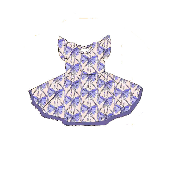 Preorder Baby Girl Short Sleeves Purple Bows Knee Length Twirl Dress ( Moq 5 )