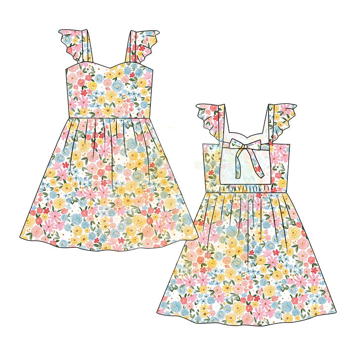 Baby Girl Short Sleeves Flower Bow Knee Length Yellow Dress RTS