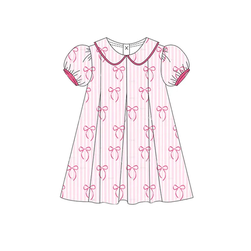 Preorder Baby Girl Short Sleeves Stripes Bows Knee Length Pink Dress ( Moq 5 )