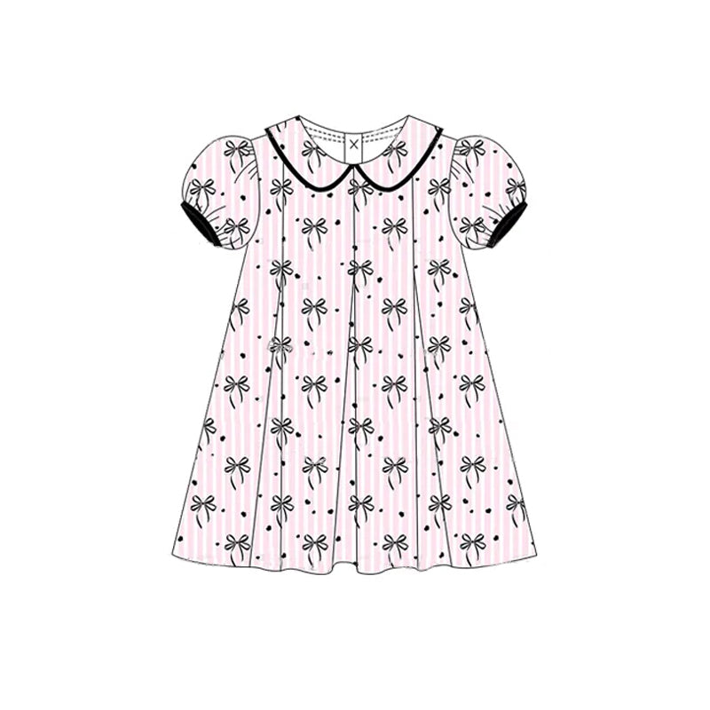 Preorder Baby Girl Short Sleeves Black Bows Pink Stripes Knee Length Dress ( Moq 5 )