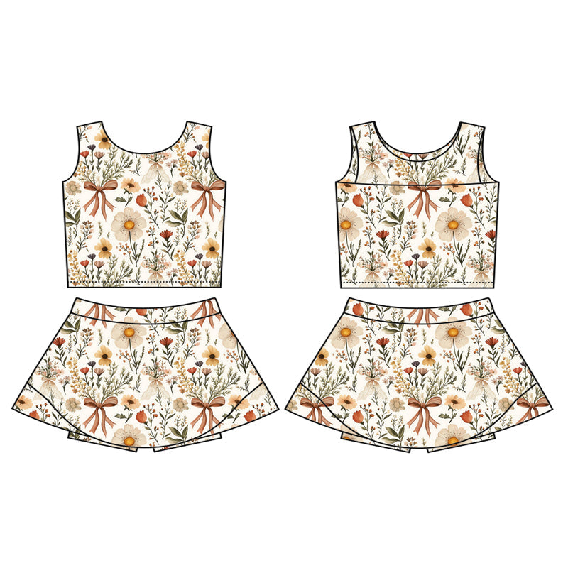 Preorder Baby Girl Sleeveless Bows Flower Tops Shorts Skort Yoga Active Wear Set ( Moq 5 )