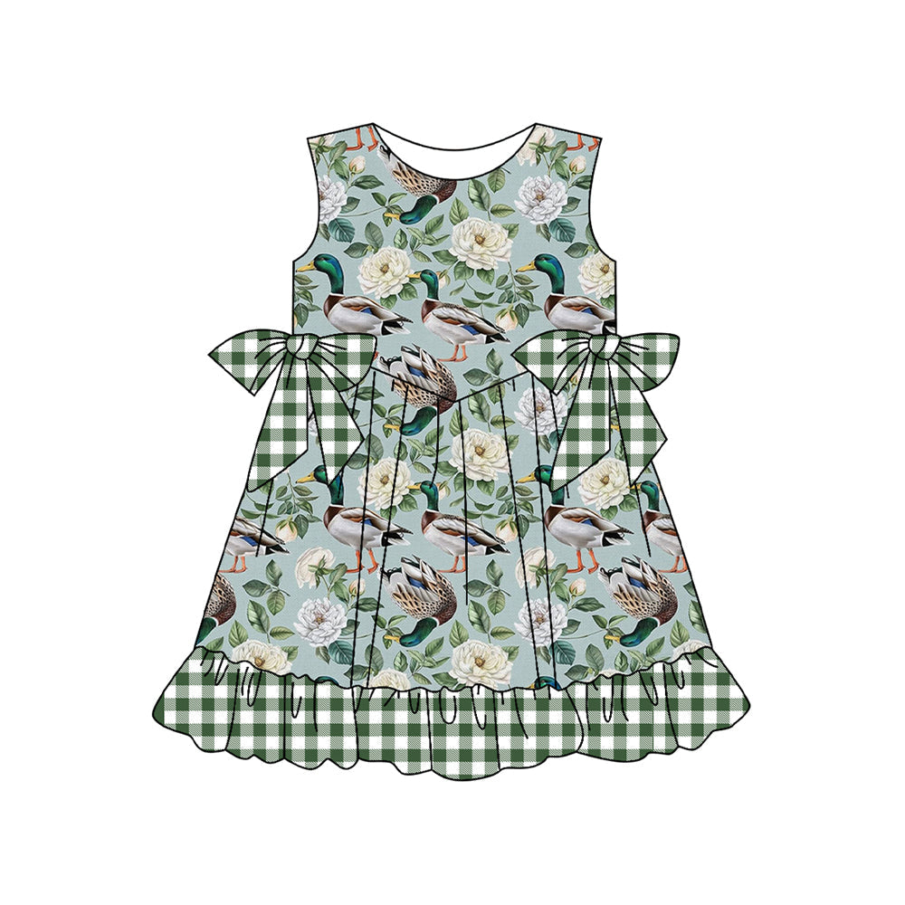 Preorder Baby Girl Sleeveless Ducks Flower Green Plaid Bows Knee Length Dress ( Moq 5 )