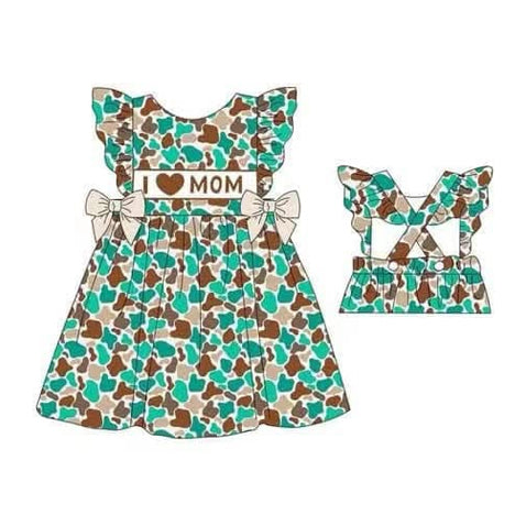 Preorder Baby Girl Flutter Sleeves I LOVE MOM Knee Length Camo Dress ( Moq 5 )