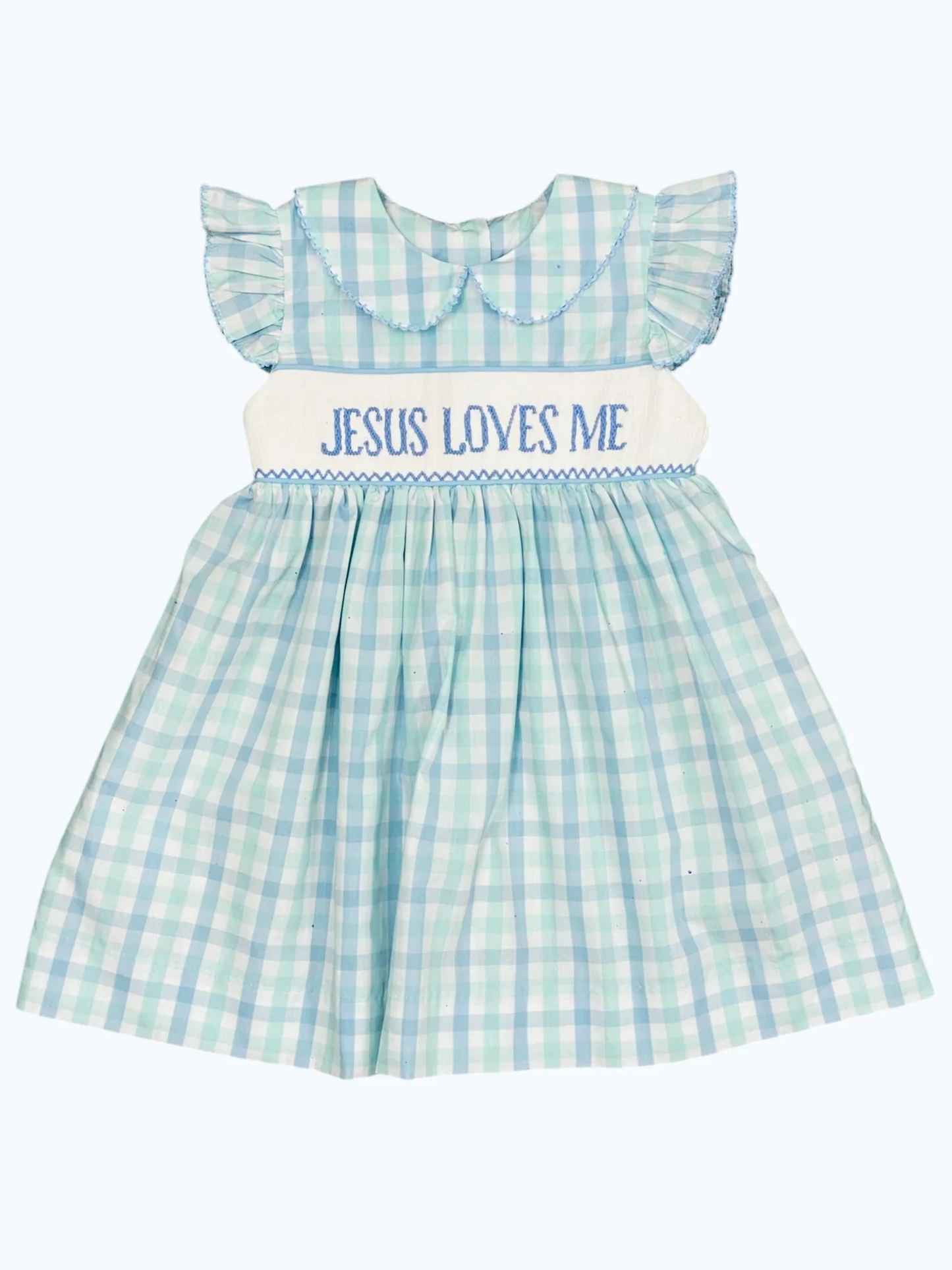 Preorder Baby Girl Short Sleeves Green Plaid JESUS LOVES ME Knee Length Dress ( Moq 5 )